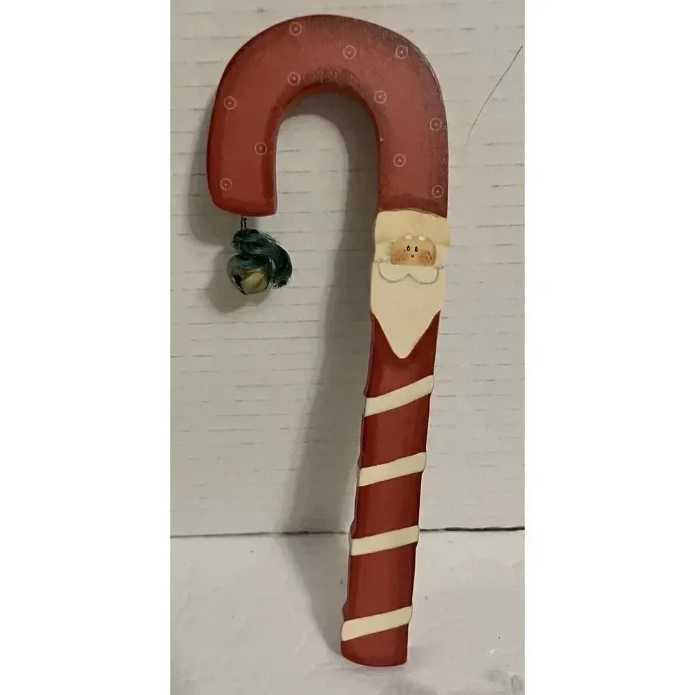Santa Face On A Candy Cane With Bell On End Ornament 8 Inch
